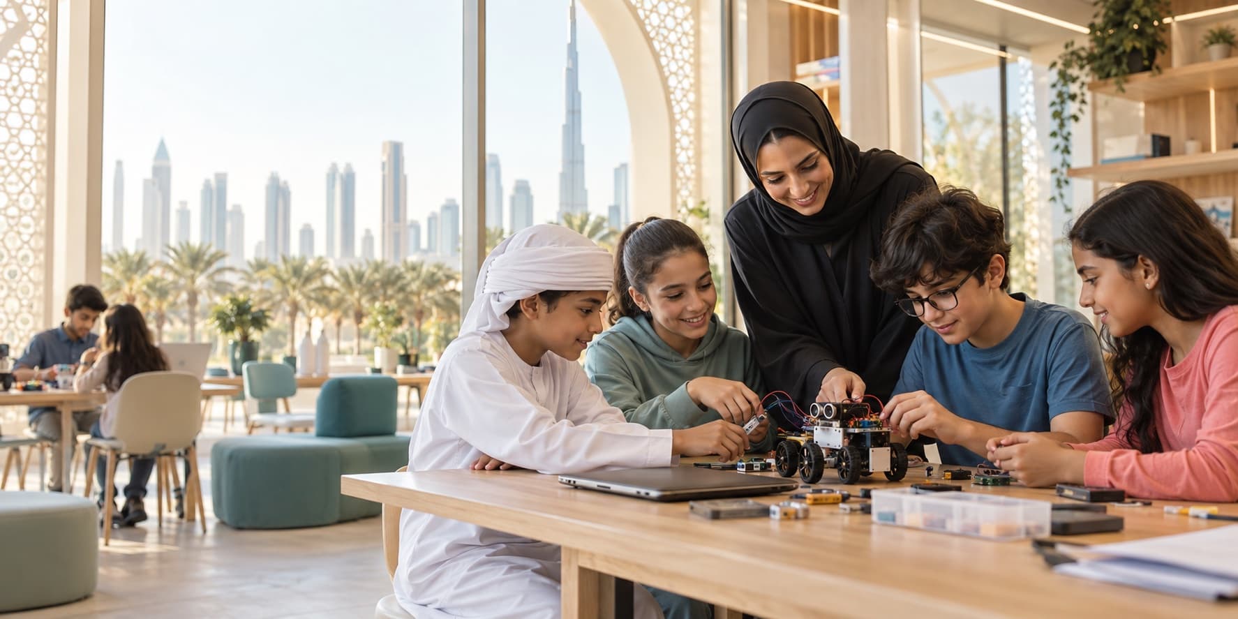 A multicultural UAE learning community working together in a bright classroom
