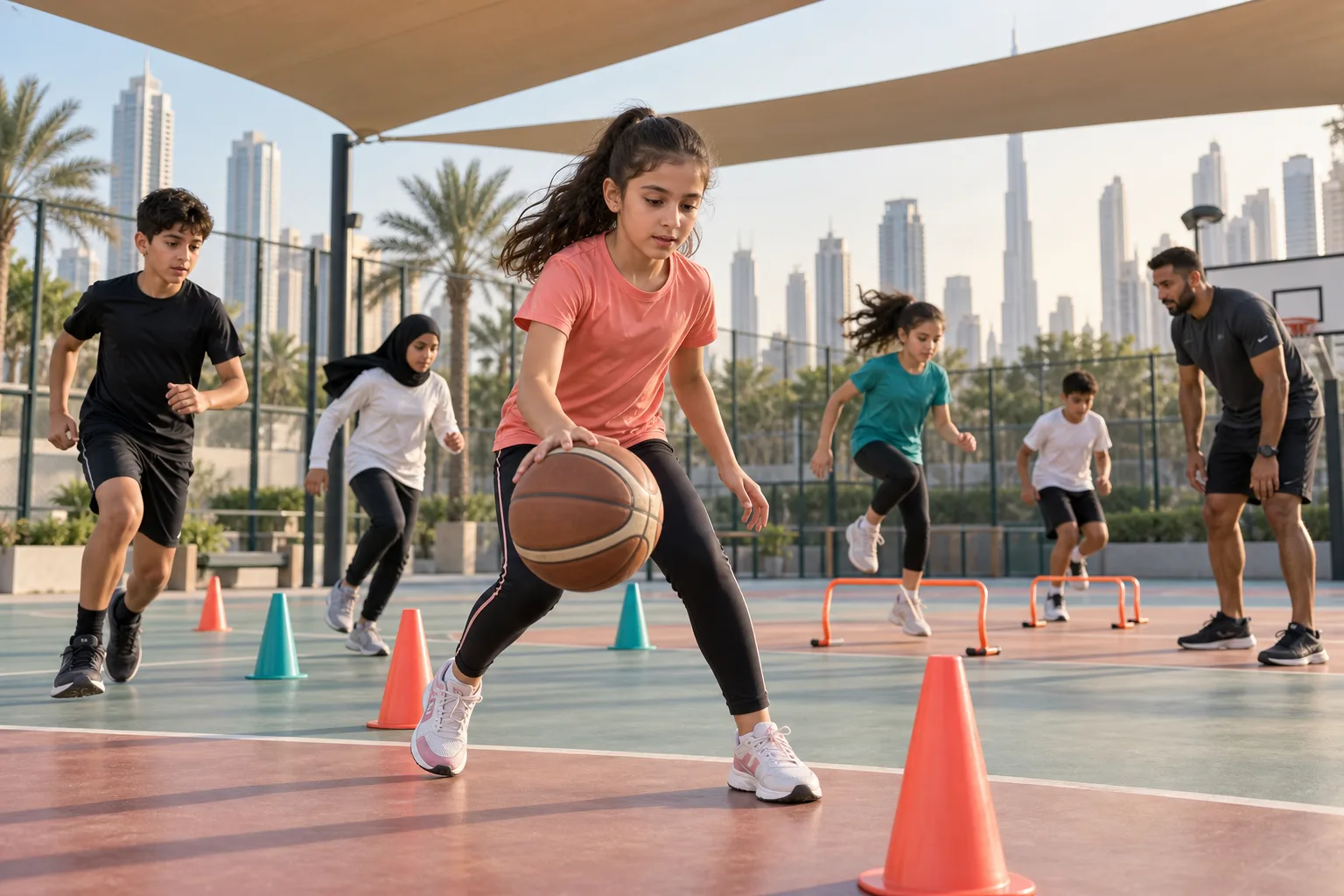 Children taking part in a coached sports class in the UAE