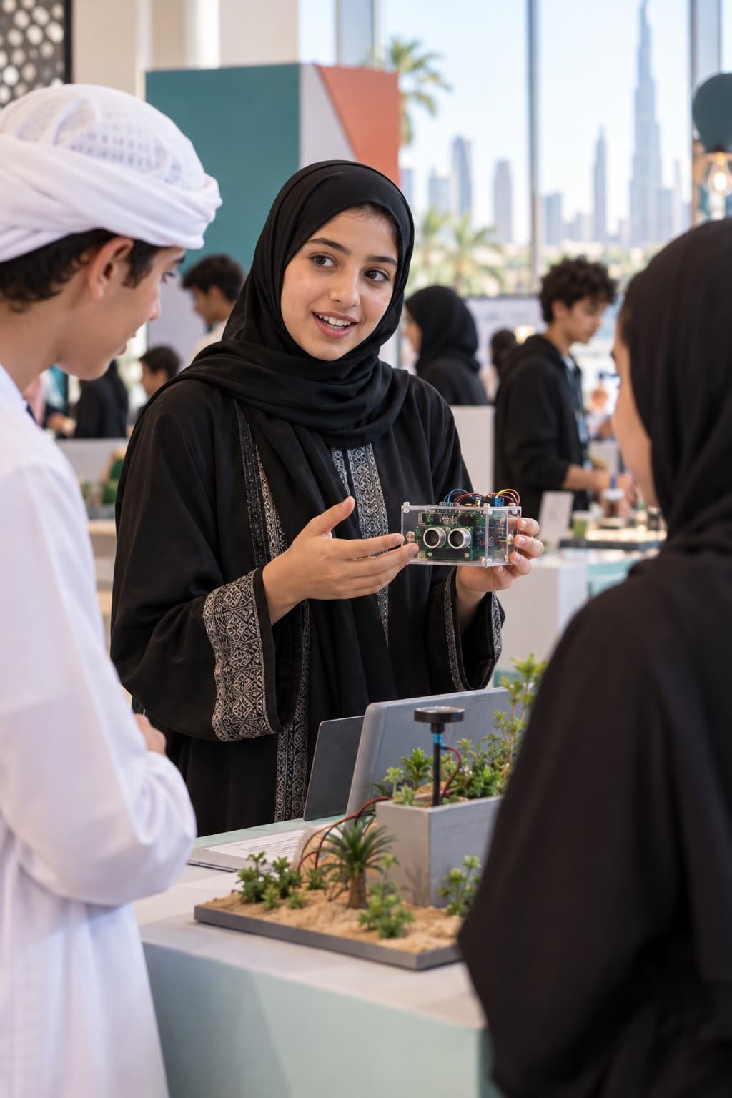 Teenage student presenting an engineering project at a STEM showcase