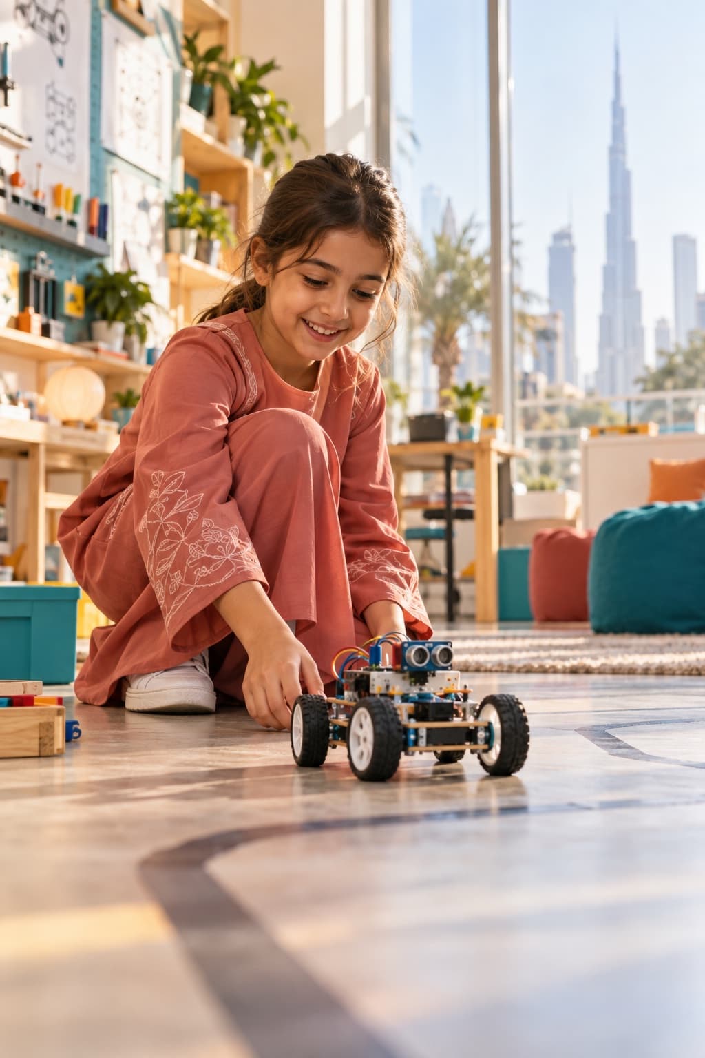 Young child testing a first educational robot